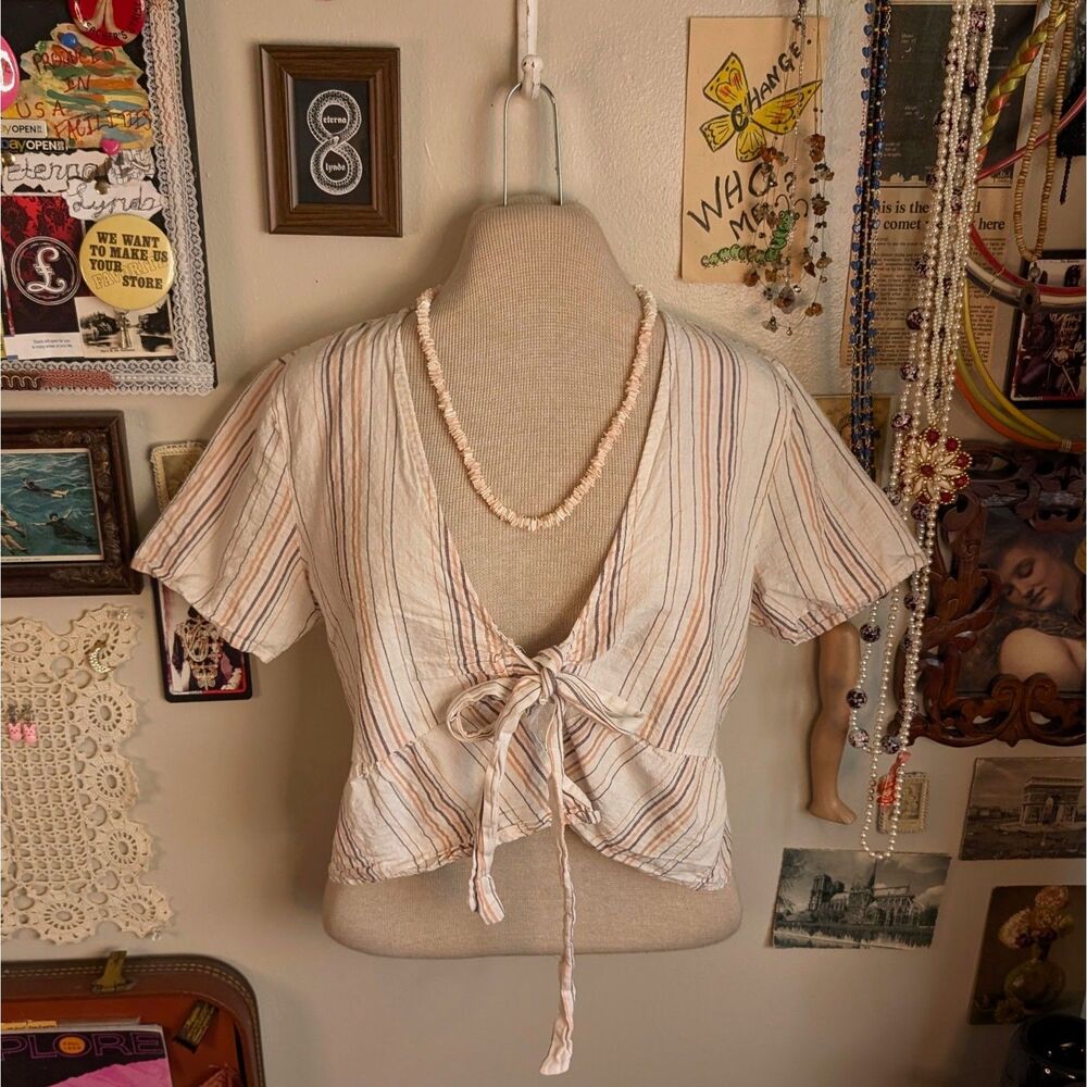 Striped Bow Tie Crop Top Women's Small Light Pink White